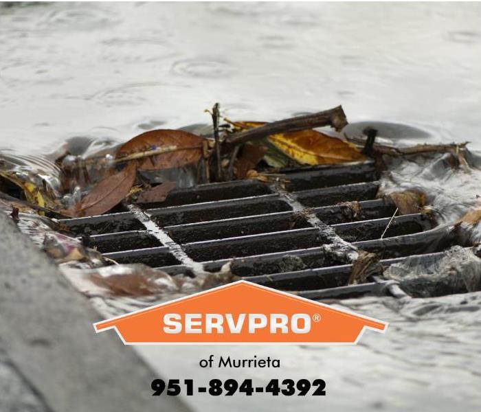 A storm drain is shown with debris clogging part of the grate.