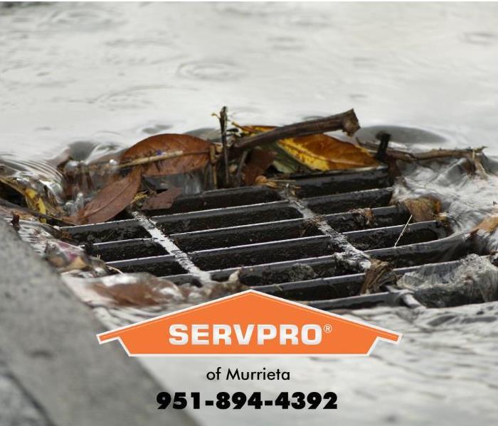 A storm drain is shown with debris clogging part of the grate.