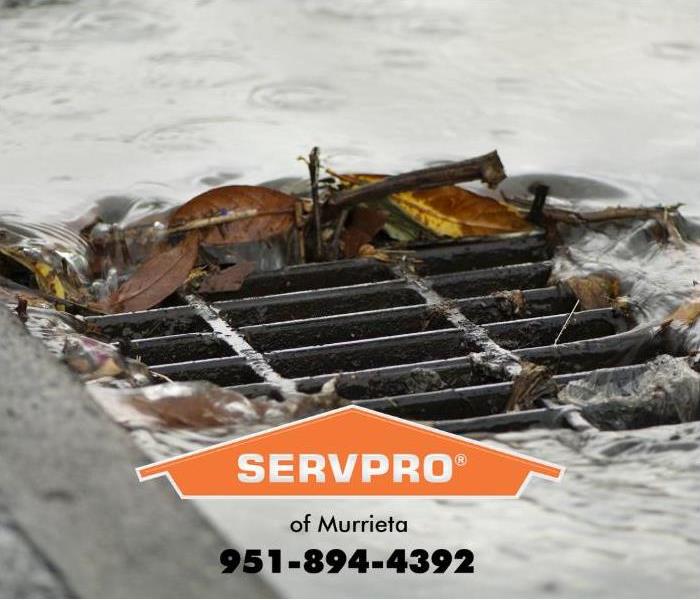 A storm drain is shown with debris clogging part of the grate.
